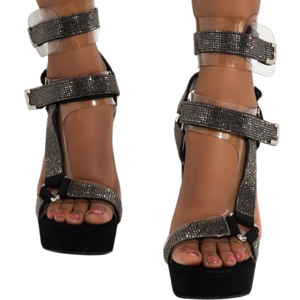 Black Rhinestones Double Strap Chunky Platform Ankle Strap High Heel San…